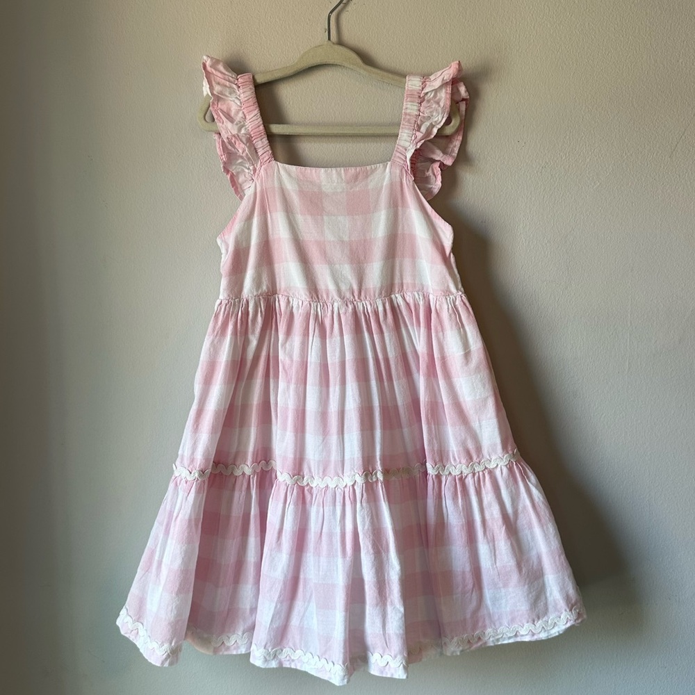 Sigrid Olsen Pale Pink Gingham Ruffle Sleeve Tiered Gathered Dress Size 5